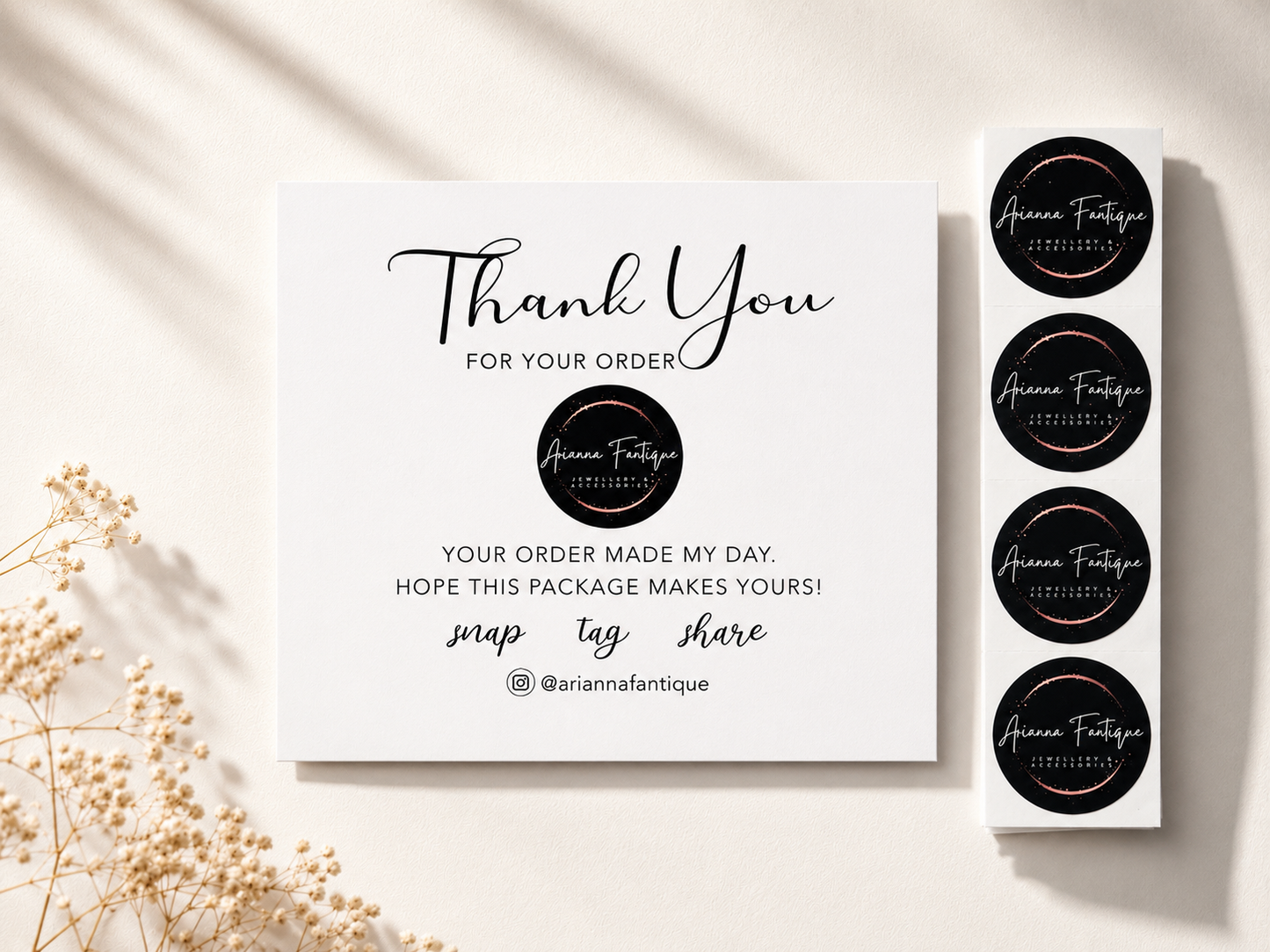 100 Custom Thank You Cards & 100 Logo Sticker Bundle | Personalized Business Branding Kit | Packaging Insert Cards & Custom Logo Labels