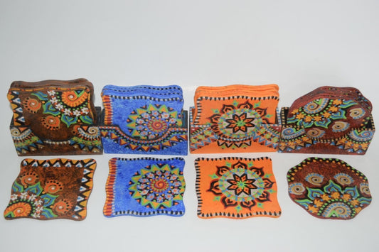 Hand Painted Coaster Set of 6 with Holder - Creationz By Saba